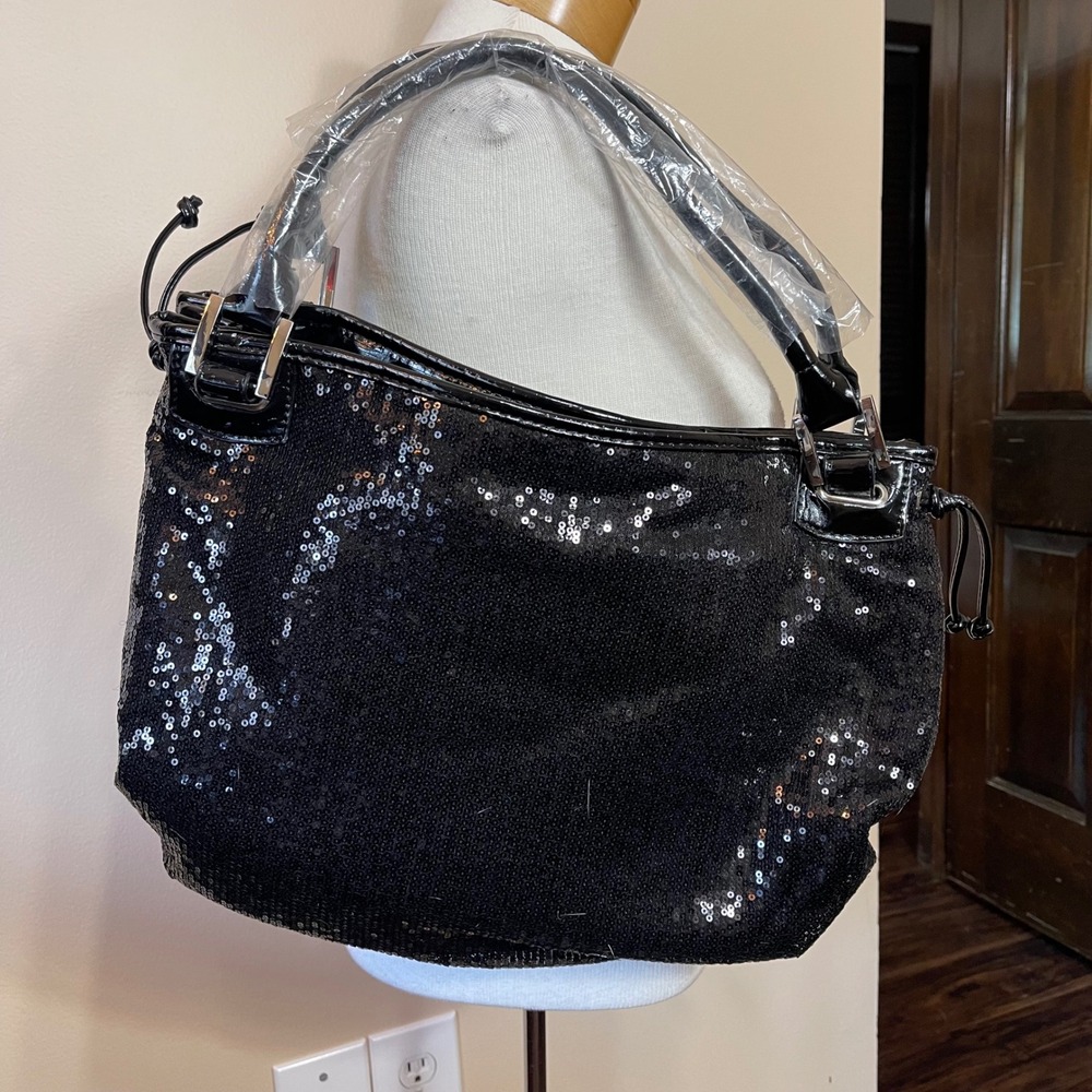 White House Black Market Black Sequin Bag Patent Leather Trim Silver Hardware